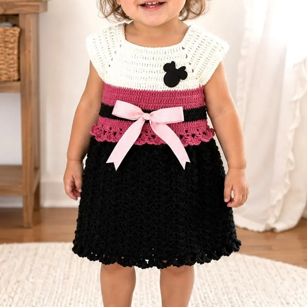 Handmade Crochet Toddler Dress 12-18M Pink Black White Minnie Inspired Bow